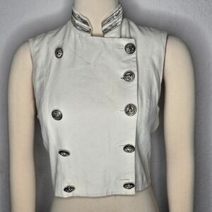 DKNY Cropped Military Vest Jacket Off White Button Front Embellished Collar 4